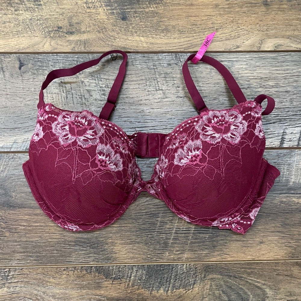 Maidenform Comfort Devotion Lace Wing Push Up Bra Burgundy 38C Floral